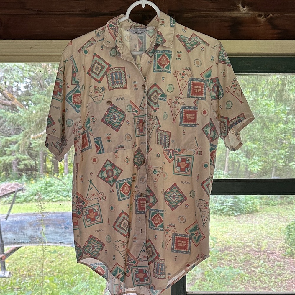 Geometric Patterned Quirky Vintage Short Sleeve Button up Shirt M